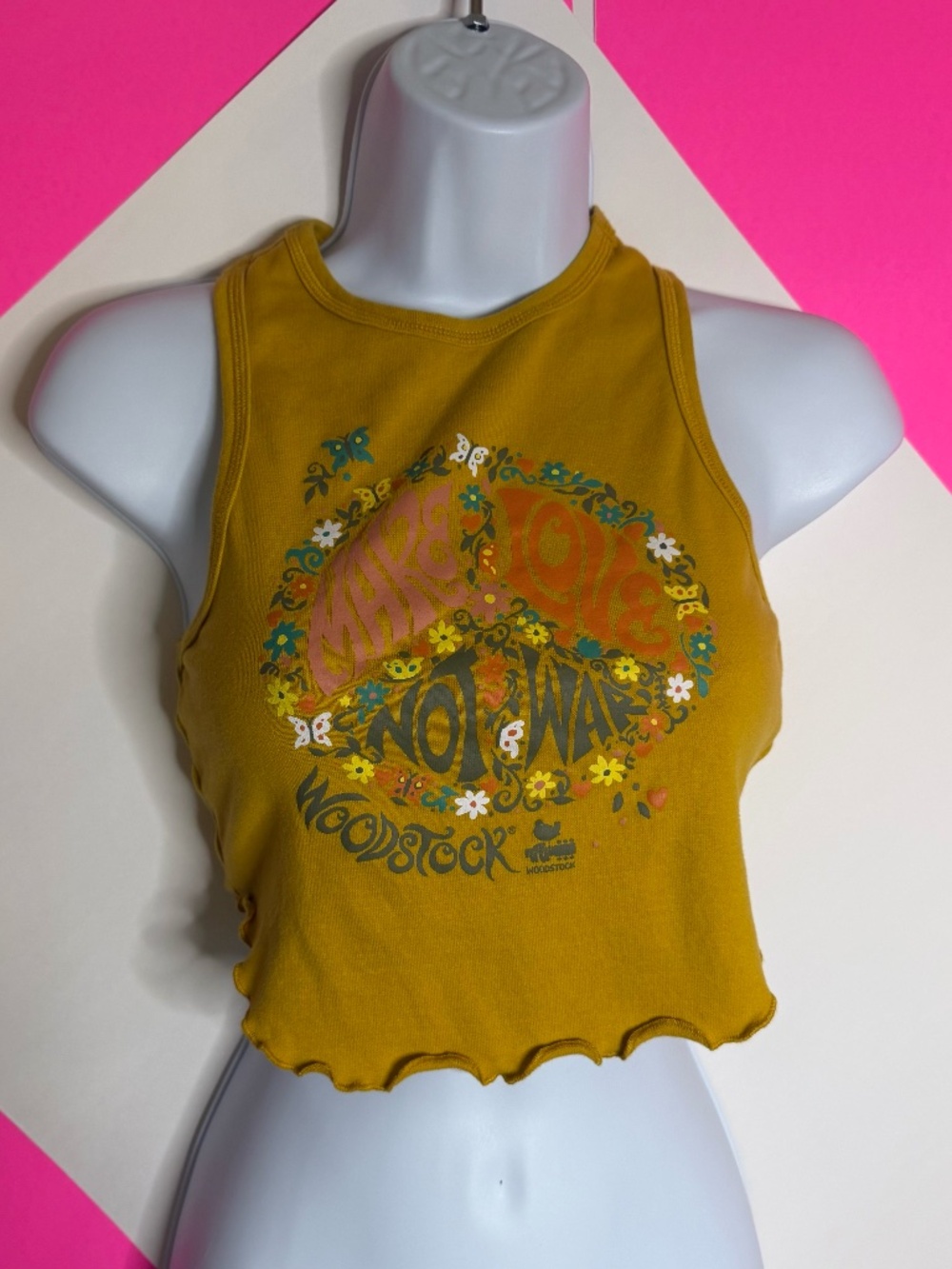 Woodstock Make Love Not War Mustard Yellow Crop Tank Small